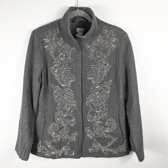 Chico’s 0 Wool Blend Embellished Floral Jacket Gray Metallic Embroidered Women - Picture 1 of 6